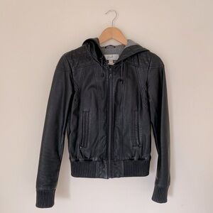 Blink Black Genuine Leather Hooded Jacket (XXS)